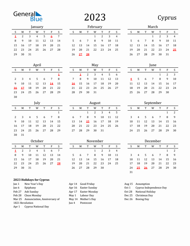 Cyprus Holidays Calendar for 2023