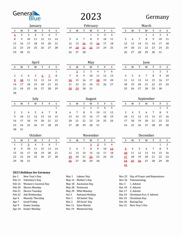 Germany Holidays Calendar for 2023