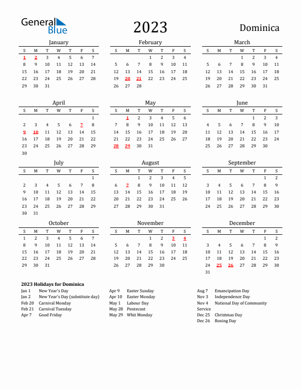 Dominica Holidays Calendar for 2023