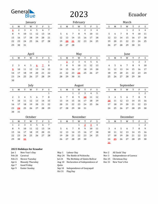 Ecuador Holidays Calendar for 2023