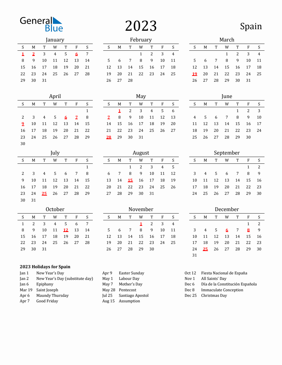 Free Spain Holidays Calendar for Year 2023