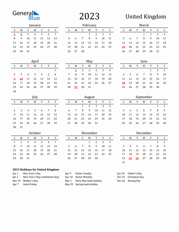 United Kingdom Holidays Calendar for 2023
