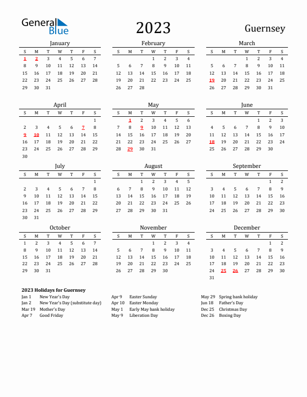Guernsey Holidays Calendar for 2023