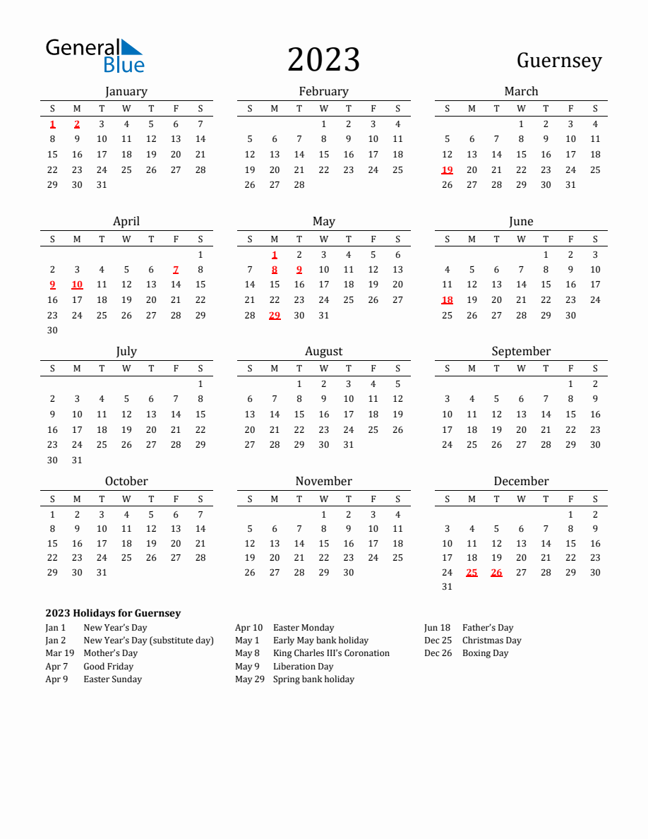 Free Guernsey Holidays Calendar for Year 2023