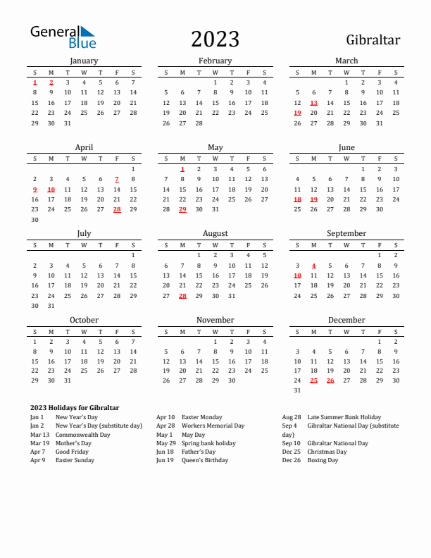 Gibraltar Holidays Calendar for 2023