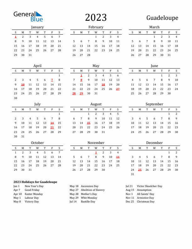Guadeloupe Holidays Calendar for 2023