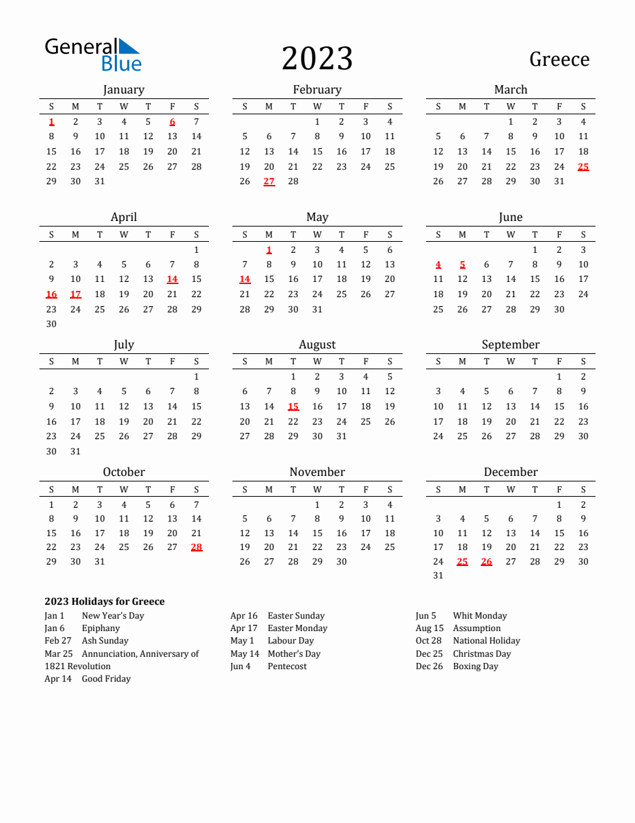 Free Greece Holidays Calendar for Year 2023