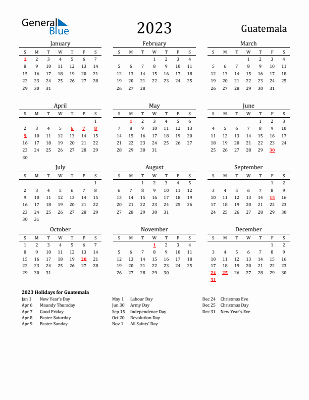 Guatemala Holidays Calendar for 2023