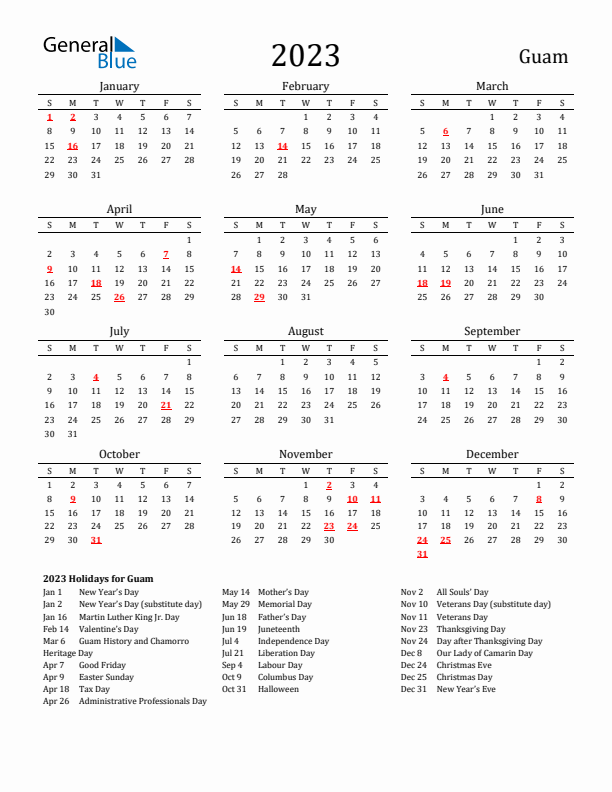 Guam Holidays Calendar for 2023