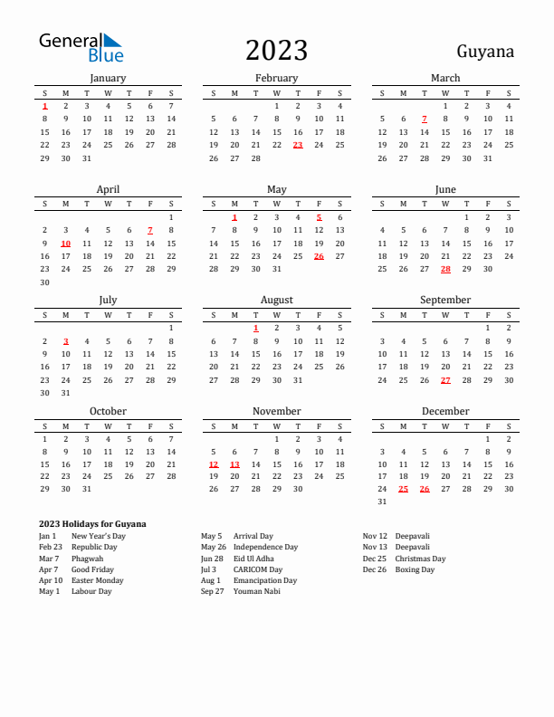 Guyana Holidays Calendar for 2023