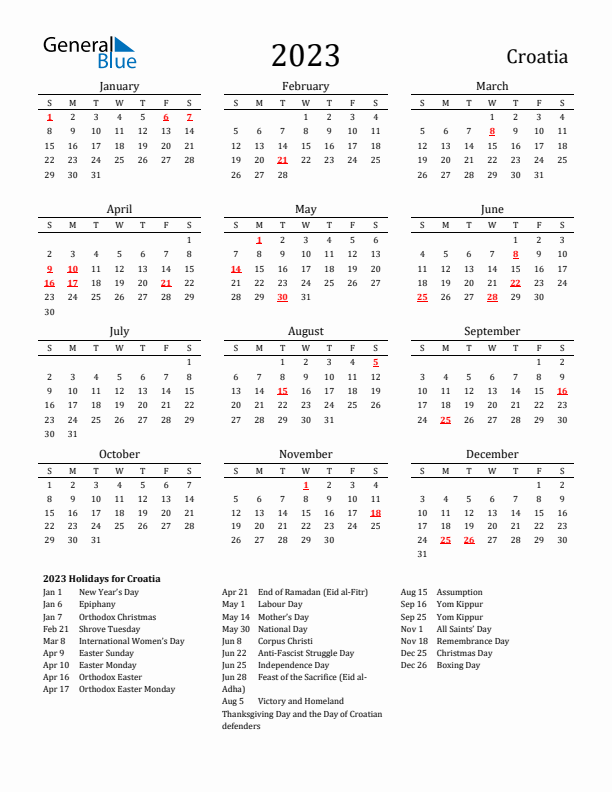 Croatia Holidays Calendar for 2023