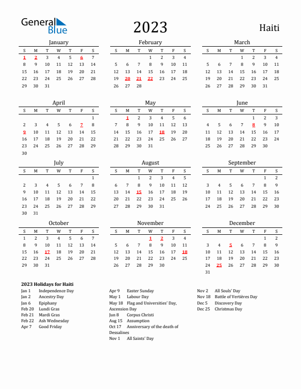 Haiti Holidays Calendar for 2023