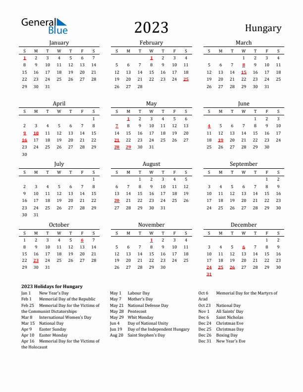 Hungary Holidays Calendar for 2023
