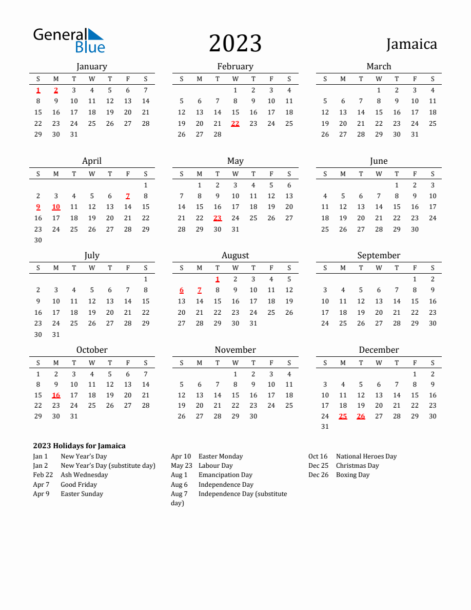 Free Jamaica Holidays Calendar for Year 2023