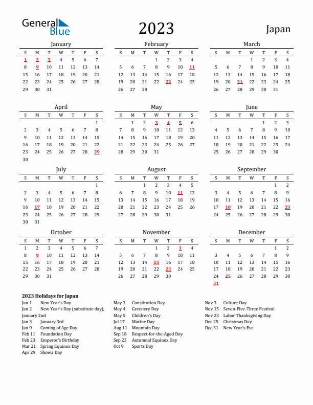 2023 Japan Calendar with Holidays