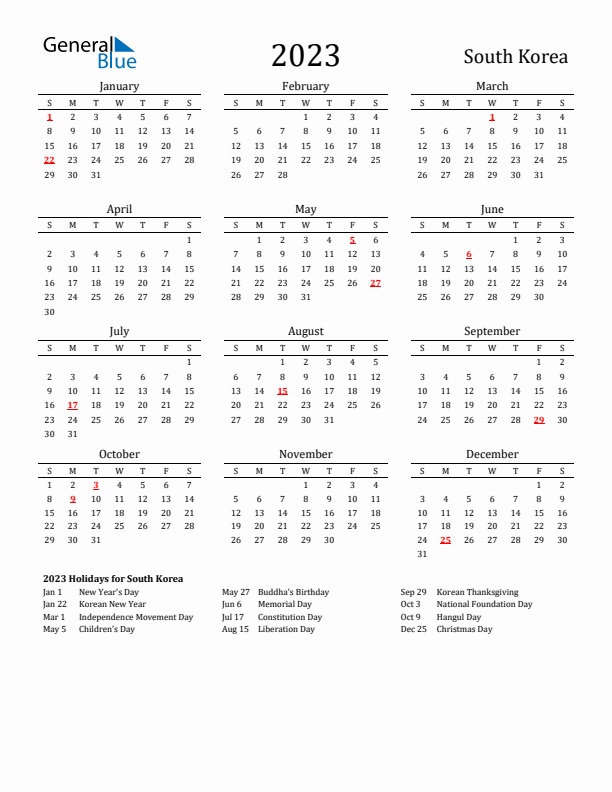 South Korea Holidays Calendar for 2023