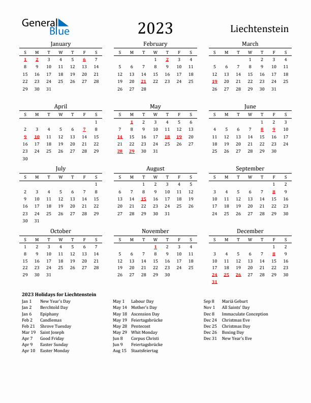 Liechtenstein Holidays Calendar for 2023