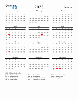 Lesotho Calendars with Holidays