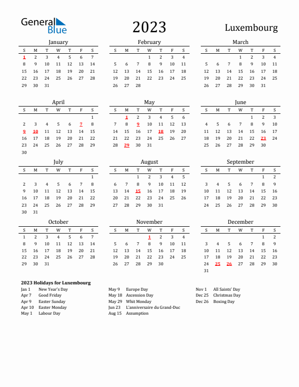 Luxembourg Holidays Calendar for 2023
