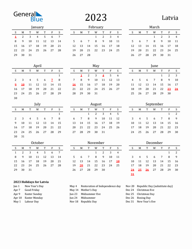 Latvia Holidays Calendar for 2023