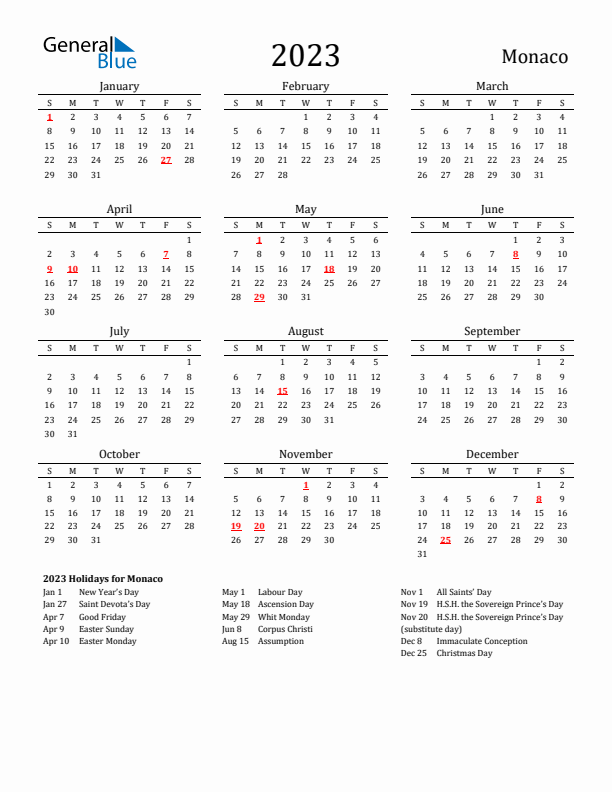 Monaco Holidays Calendar for 2023