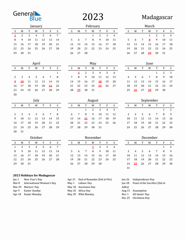 Madagascar Holidays Calendar for 2023