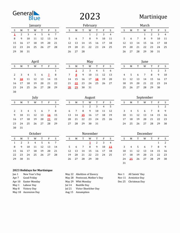 Martinique Holidays Calendar for 2023