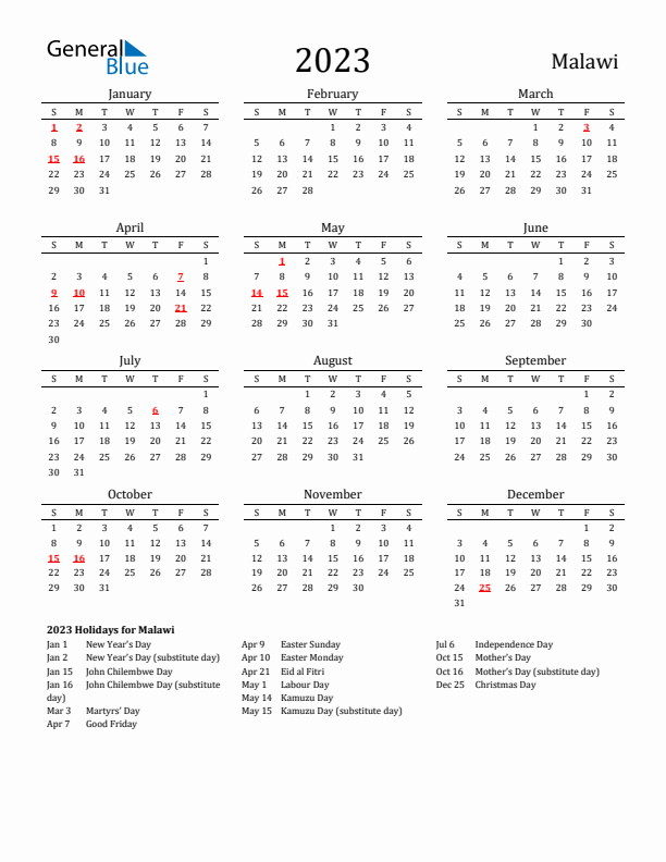 Malawi Holidays Calendar for 2023