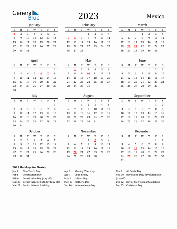 Mexico Holidays Calendar for 2023
