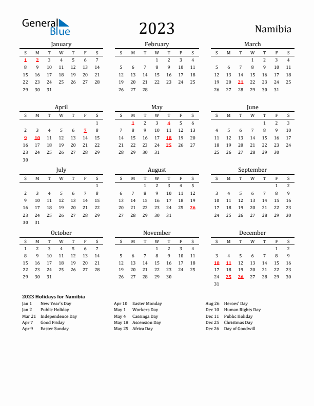 Namibia Holidays Calendar for 2023