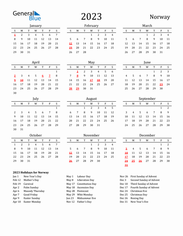 Norway Holidays Calendar for 2023