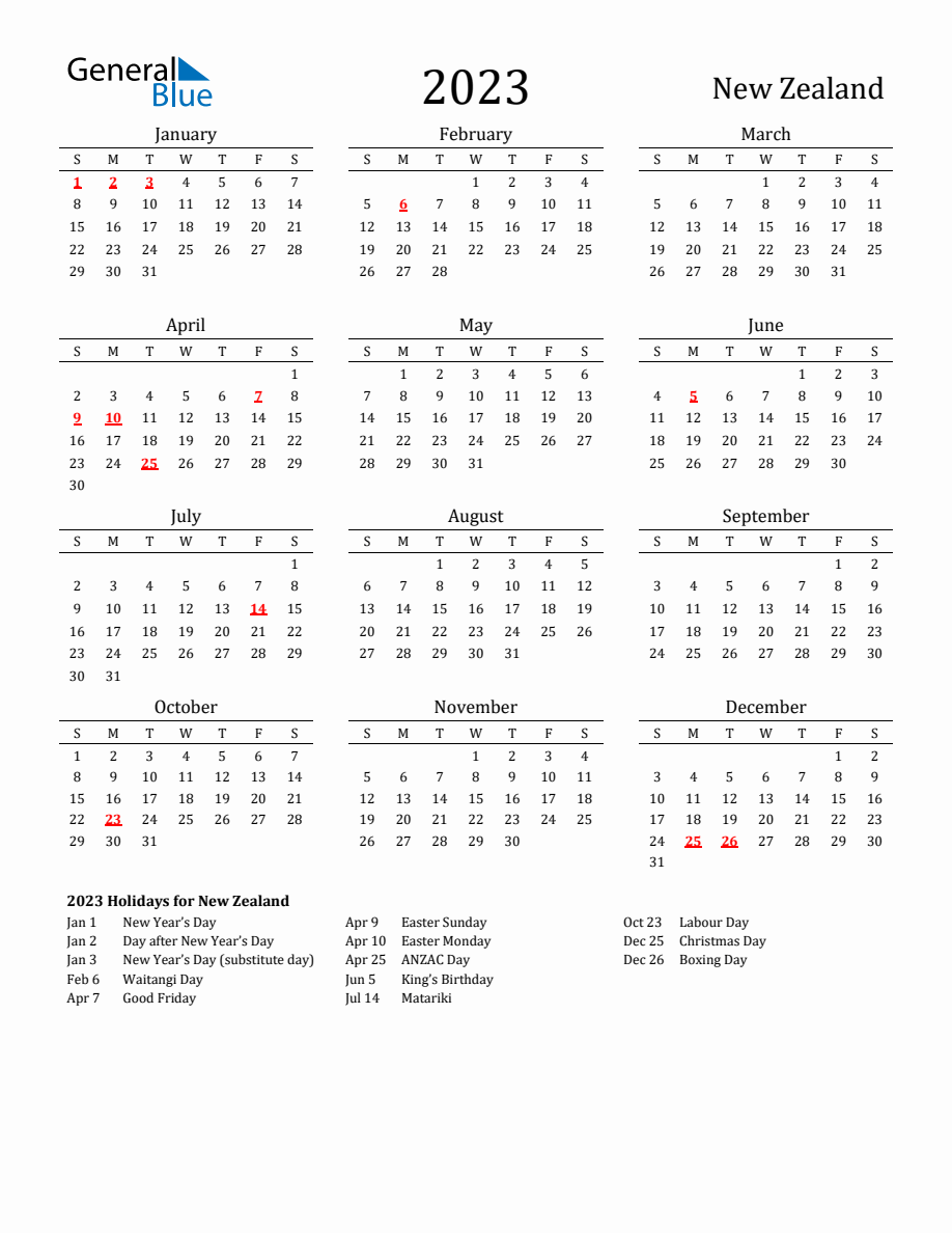 Free New Zealand Holidays Calendar for Year 2023