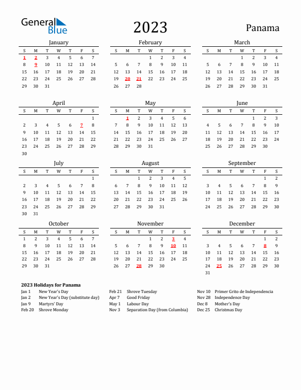 Panama Holidays Calendar for 2023
