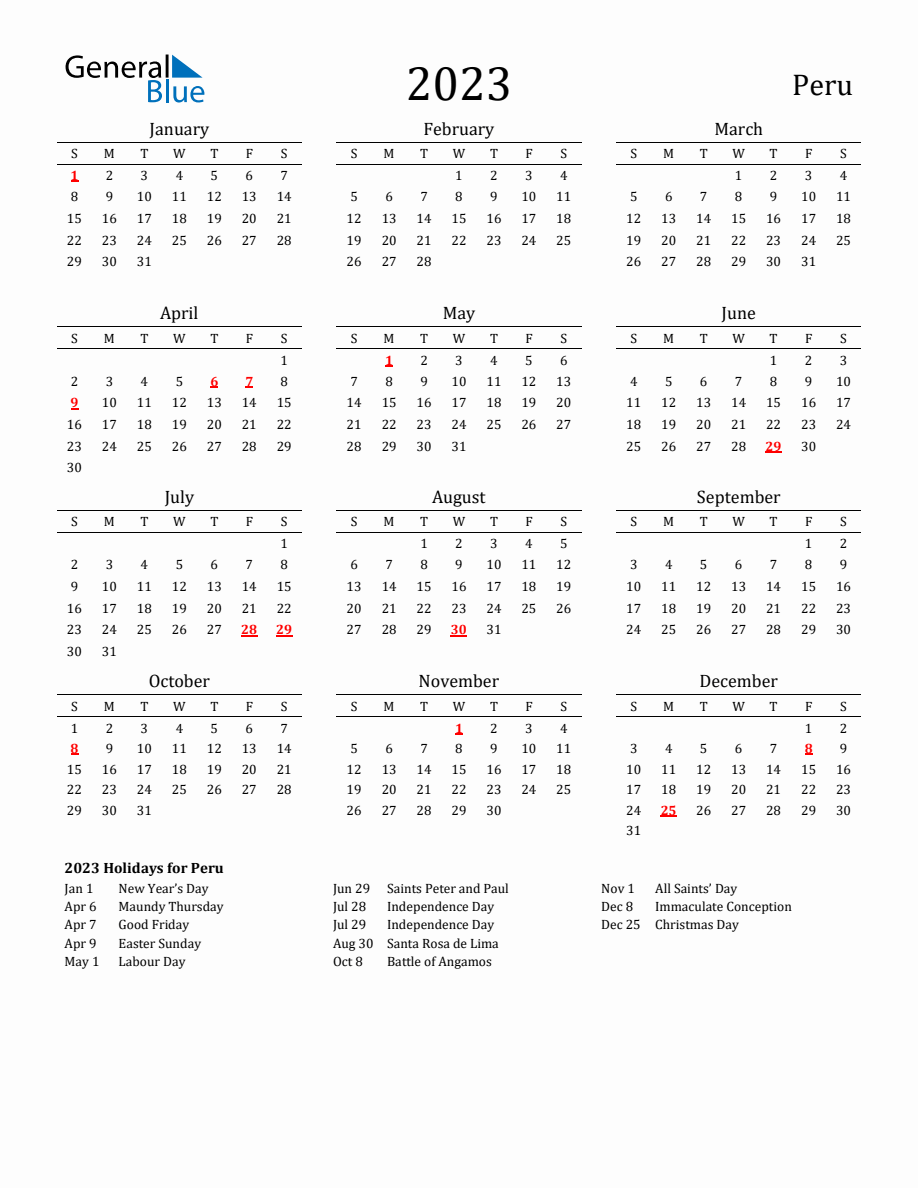 Free Peru Holidays Calendar for Year 2023