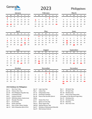 Philippines Calendars with Holidays