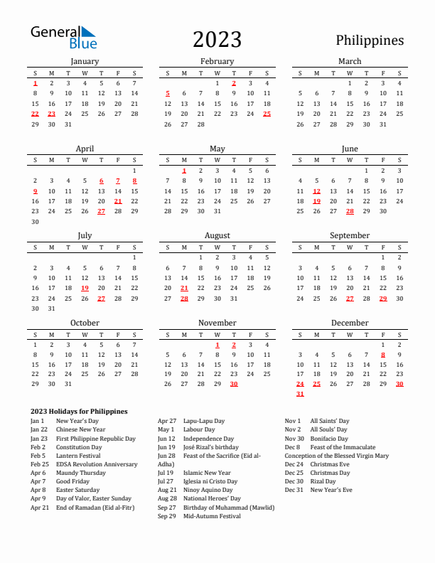 Philippines Holidays Calendar for 2023