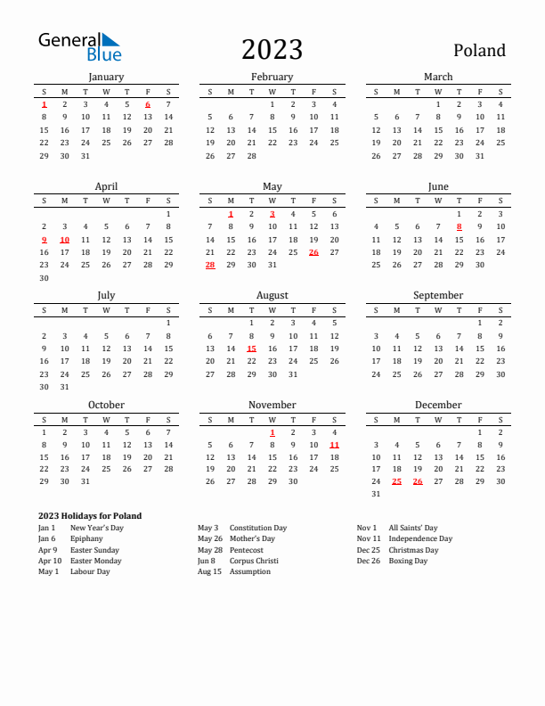 Poland Holidays Calendar for 2023