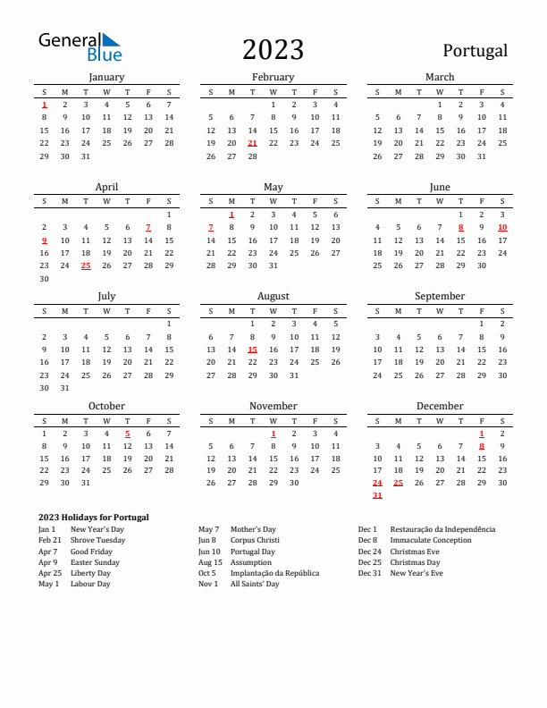 Portugal Holidays Calendar for 2023