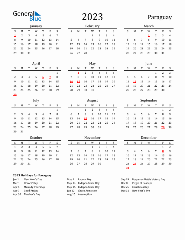 Paraguay Holidays Calendar for 2023