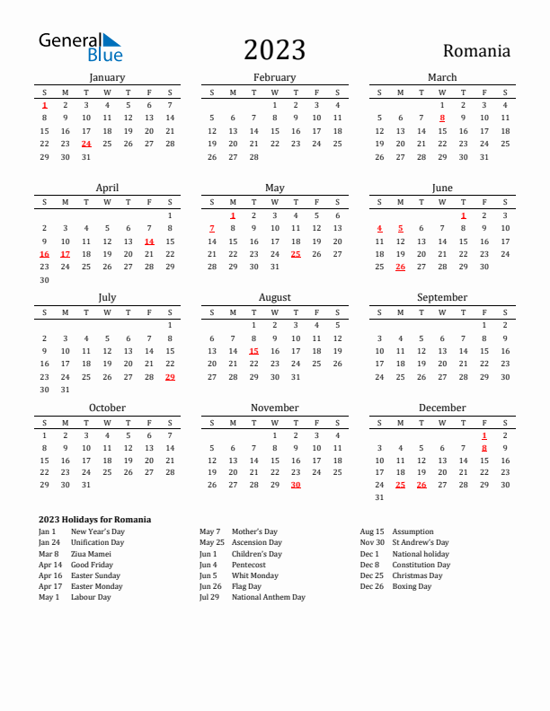 Romania Holidays Calendar for 2023