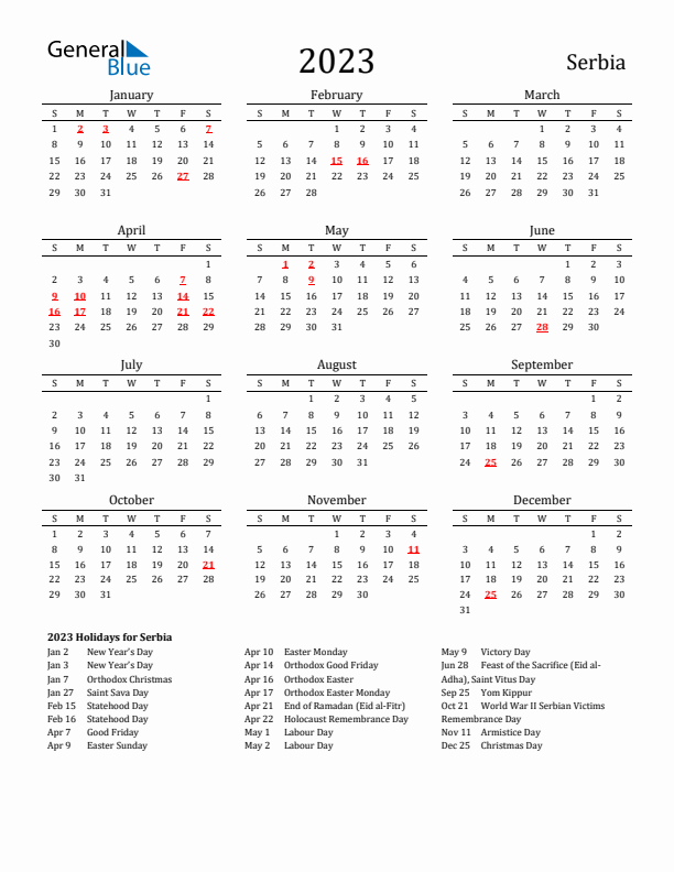 Serbia Holidays Calendar for 2023