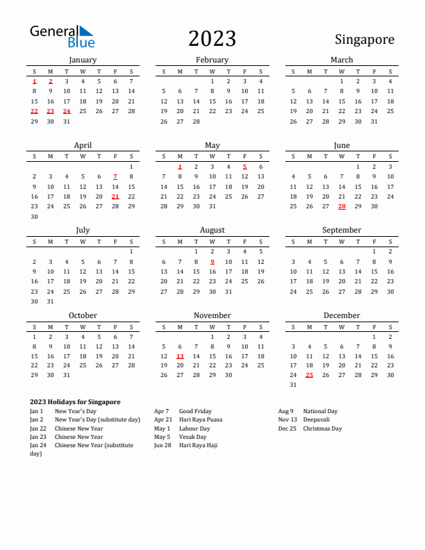 Singapore Holidays Calendar for 2023