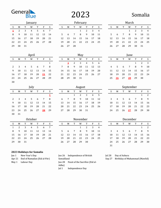 Somalia Holidays Calendar for 2023