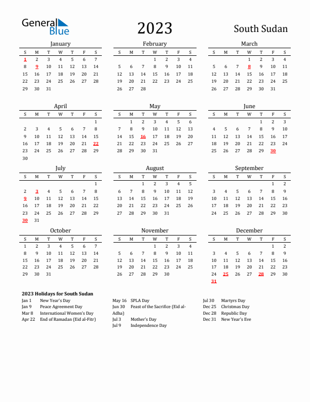 South Sudan Holidays Calendar for 2023