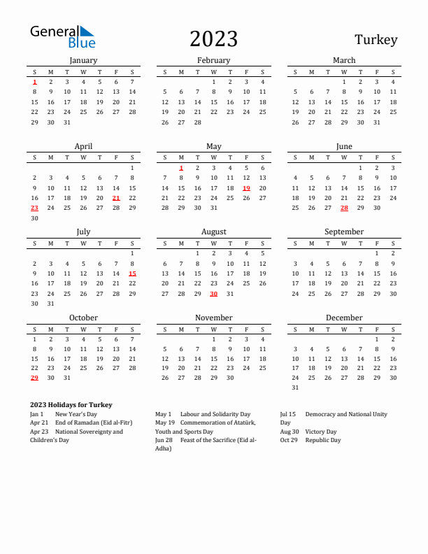 Turkey Holidays Calendar for 2023
