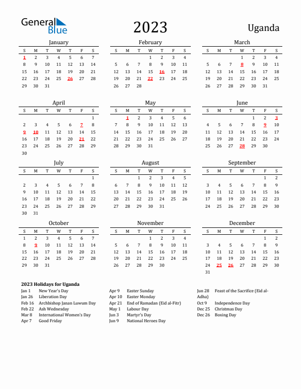 Uganda Holidays Calendar for 2023