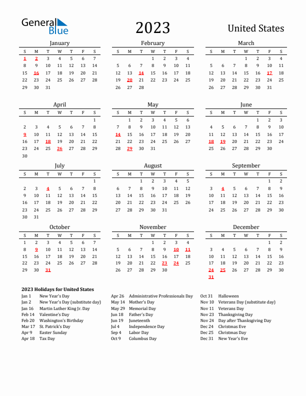 United States Holidays Calendar for 2023