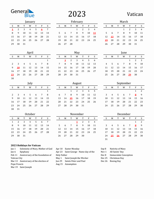 Vatican Holidays Calendar for 2023