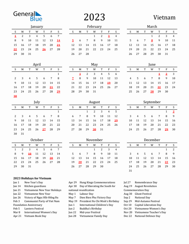 2023 Vietnam Calendar with Holidays