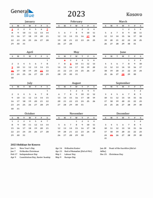 Kosovo Calendars With Holidays